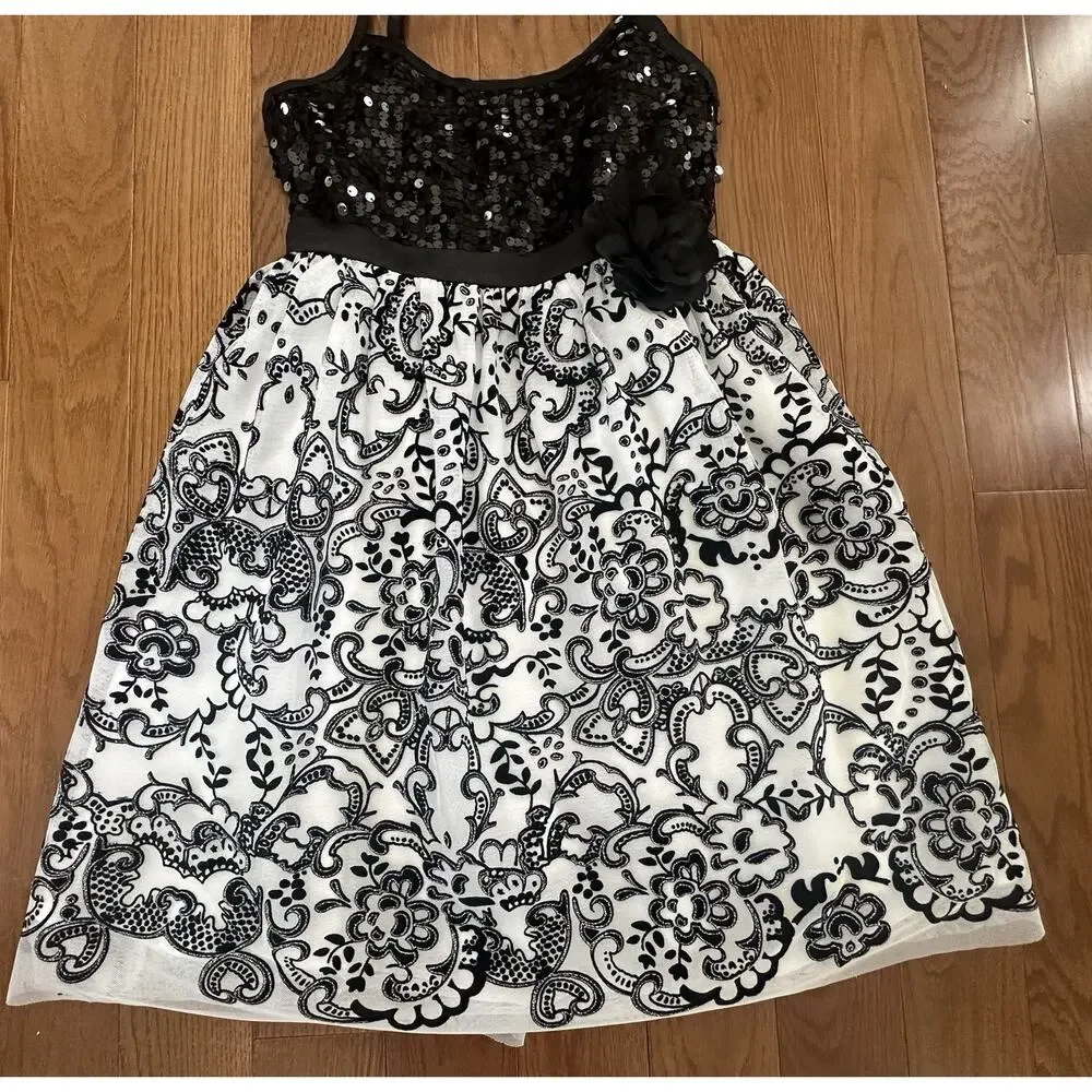 Justice Girls Black White Sequin Party‎ Holiday Dress Sz 12